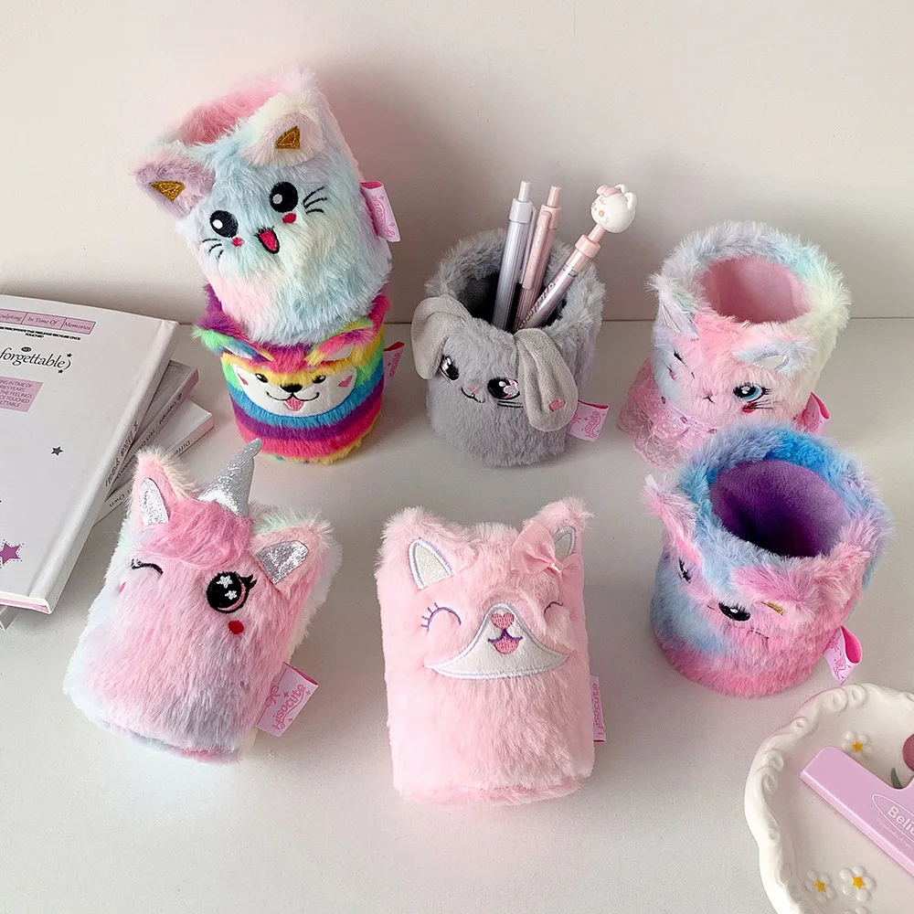 Cute Cartoon Plush Pen Holder, Student Learning Stationery Storage Bucket, DIY Material Tool Storage Box, Desktop Storage Gift