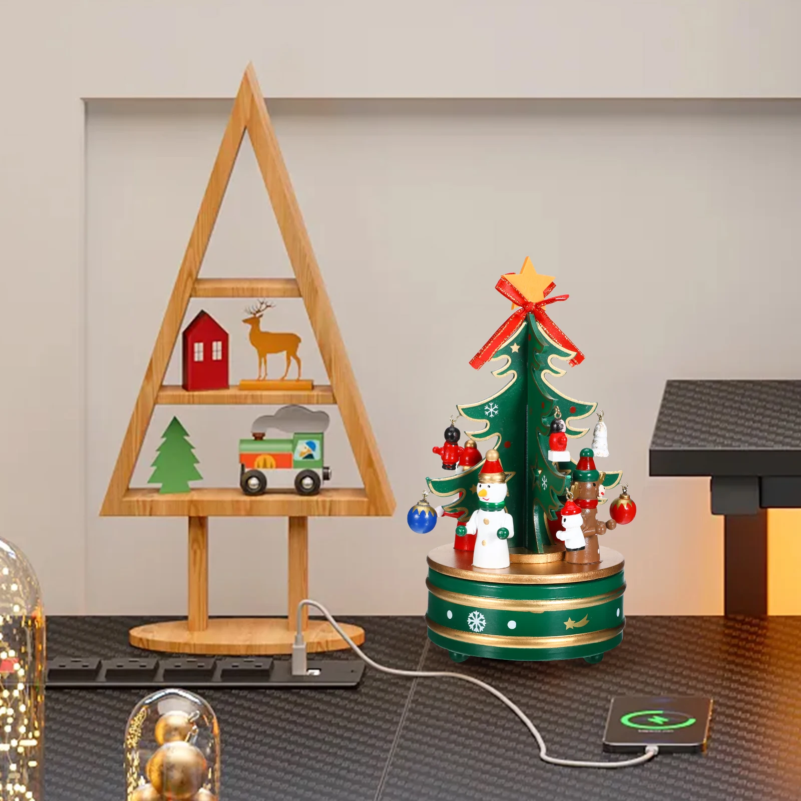 

1Pcs Christmas Wooden Music Box with Rotating Tree Melody Decoration Festive Home Room Decor for Holiday Party Gift Occasion