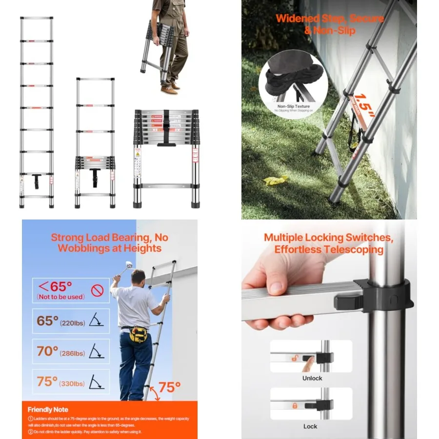 

Telescoping Ladder, 8.5ft Stainless Steel Lightweight Extension Ladder, Multi-Button Retraction Collapsible Ladders, 330LBS Cap