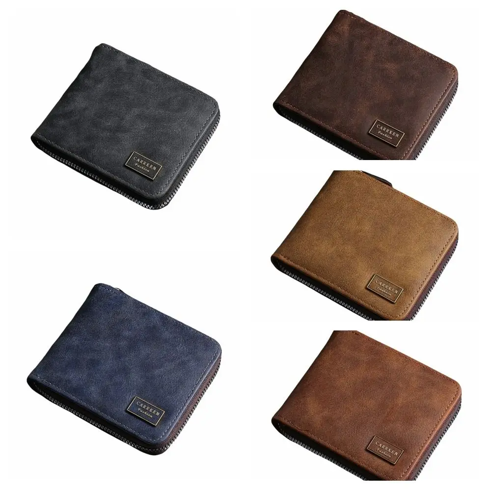 Cartera corta Retro multiposición para hombre, monedero fino de cuero PU de gran capacidad con cremallera, tarjetero multifunción para hombre