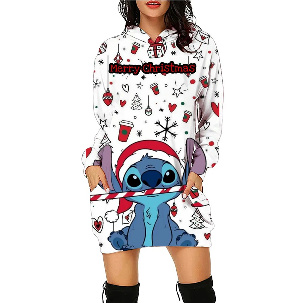 Disney Stitch Kawaii Women\'s Hoodies Dress Pullovers Streetwear 2024 Y2k Christmas Print Hoodie New S-3XL High Quality Lovely