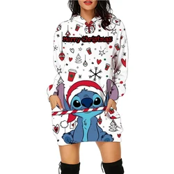 Disney Stitch Kawaii Women's Hoodies Dress Pullovers Streetwear 2024 Y2k Christmas Print Hoodie New S-3XL High Quality Lovely