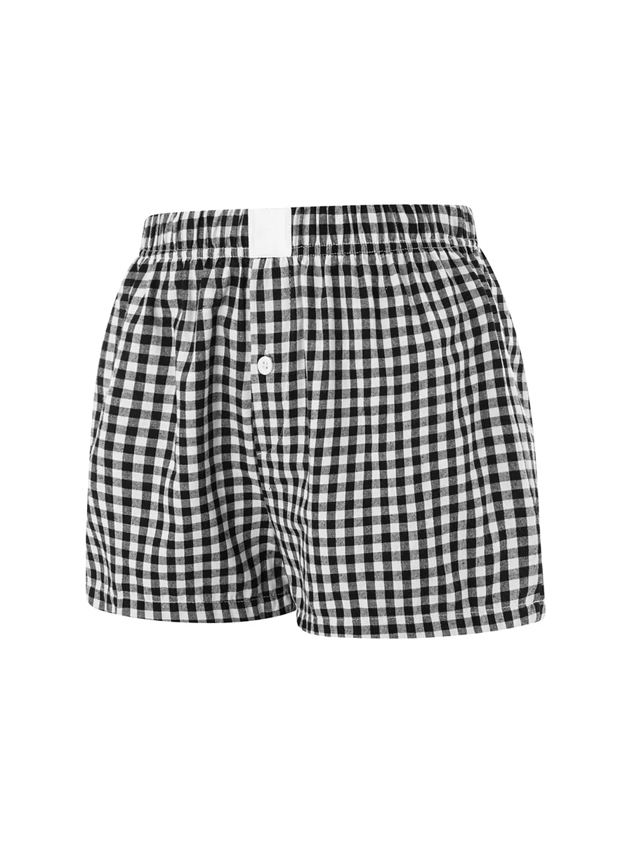 

Women Summer Plaid Pajama Shorts Elastic Band Wide Leg