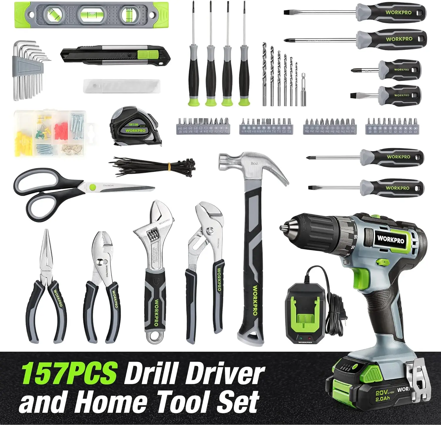 Home Tool Set with Power Drill, 157PCS Power Drill Sets with 20V Cordless Lithium-ion Drill Driver, Home Tool Kit for Al