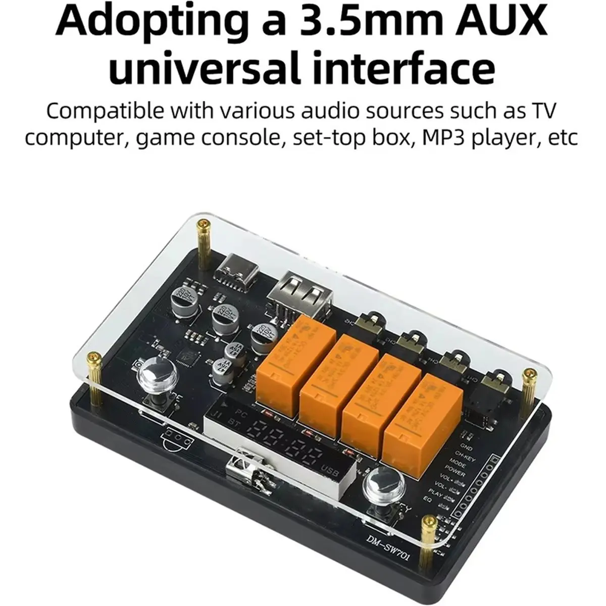 4 in 1 Out 3.5MM AUX Audio Switcher Bluetooth 5.4 Type-C 5V Power Supply with Remote Control for Old Speaker Amplifier