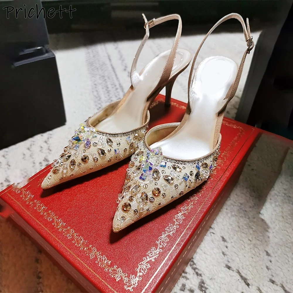 

Сандалии со стразами и воздушной сеткой, роскошные однотонные туфли на тонком каблуке с острым носком и пряжкой, женские летние туфли с кристаллами на пятке