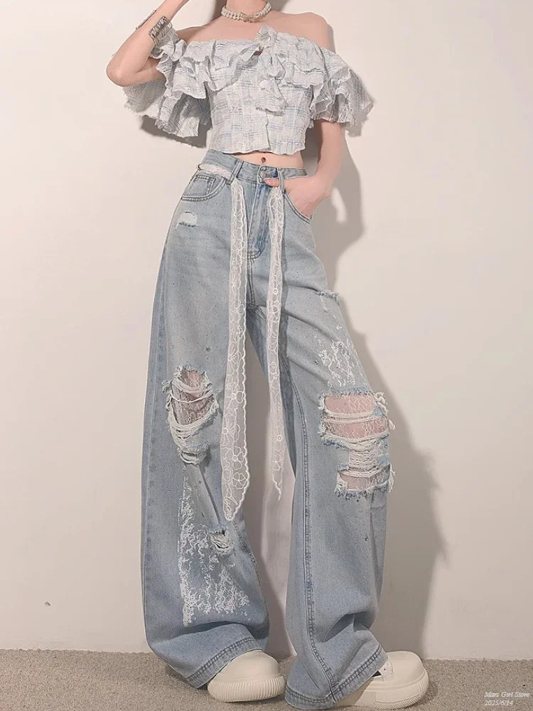 Y2K Streetwear Ripped Lace Rhinestone Jeans High Waist Wide Leg Straight Pants Women Summer Loose Vintage Bleach Denim Trousers