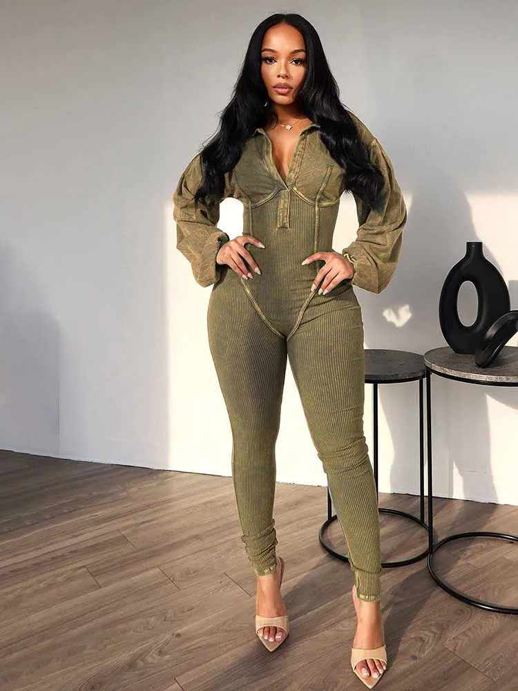 Fitness Jumpsuit Stretchy Sexi Women One Clothes Autumn Winter Knit Jumpsuits Ribbed Jumpsuit Long Sleeve Tight Fit Overalls