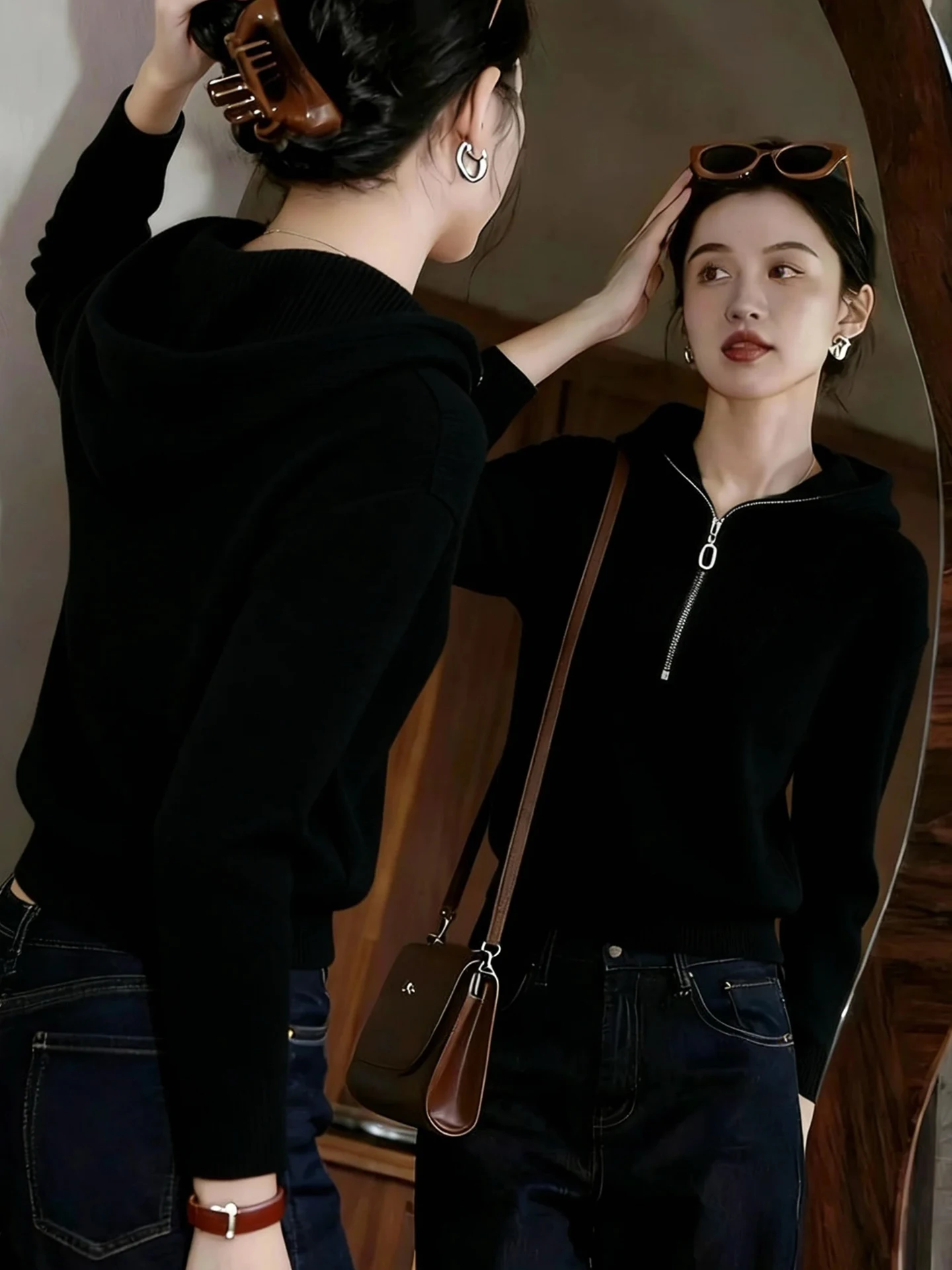 Faionable preguiçoso sle malhas com capuz fino ajuste longo sve feminino irt casual luxo f zíper outono inverno malha topo