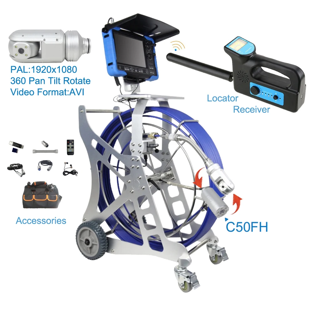 10x zoom 360 degree view Sewer Pipe Inspection Camera with Pan Tilt Ratation Camera head 512hz tranmiter