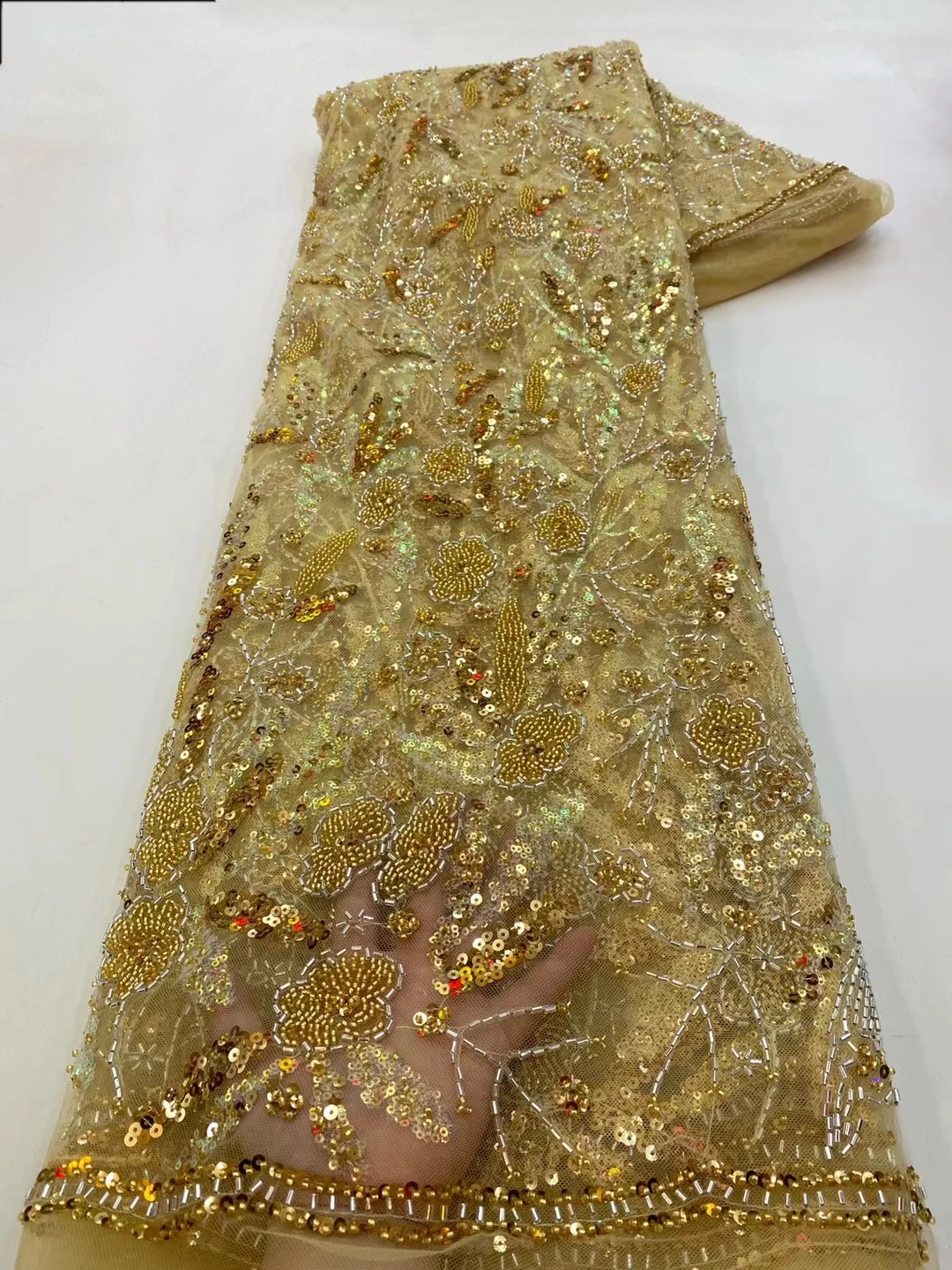 

Luxury Gold French Beads Lace Fabric For Bride Net Tulle Sequins Embroidery African Lace Fabric Material For Wedding KXX23144