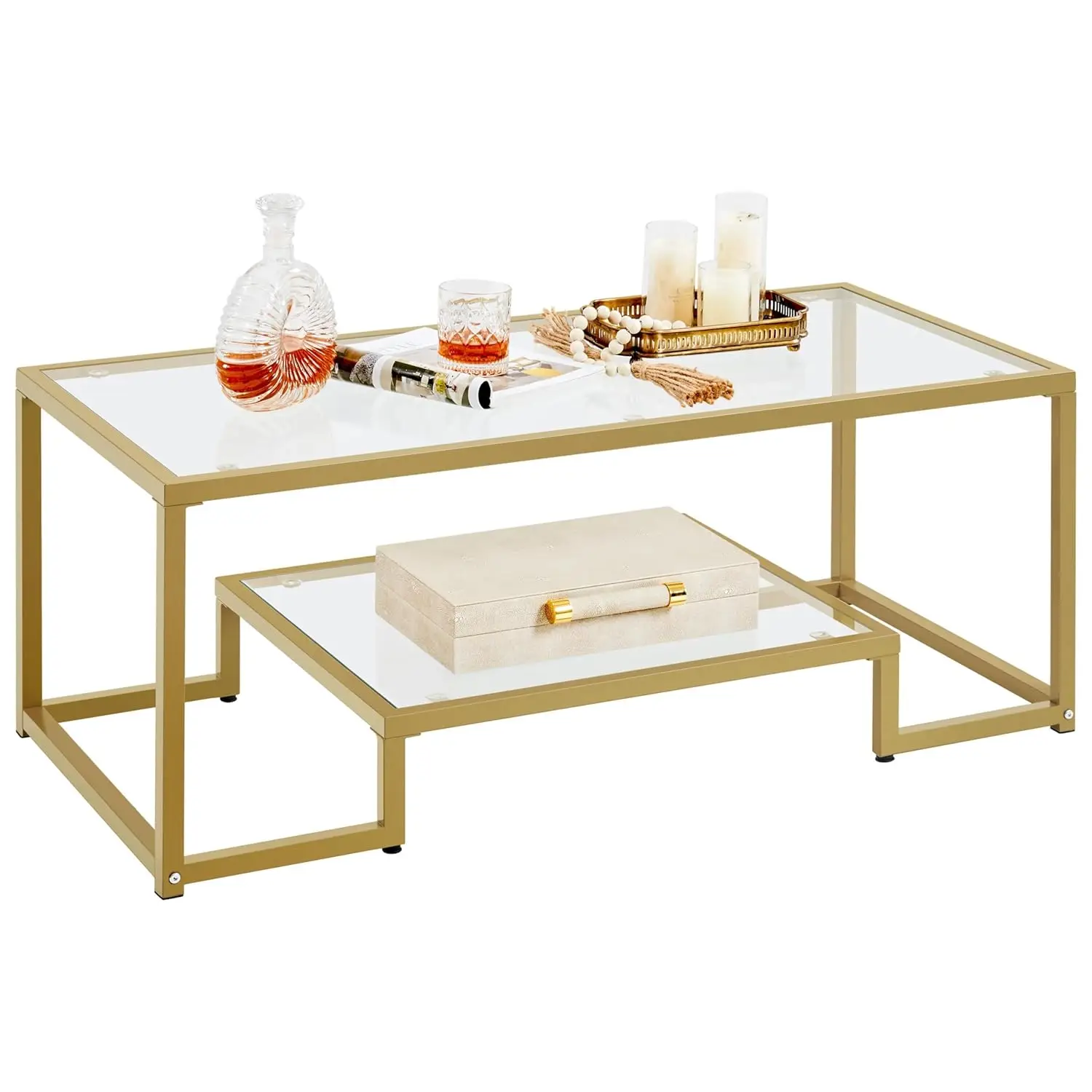 

Gold Coffee Table, 42" Rectangular Glass Coffee Table for Living Room, 2-Tier Center Tea Tables with Metal Frame for Small Space
