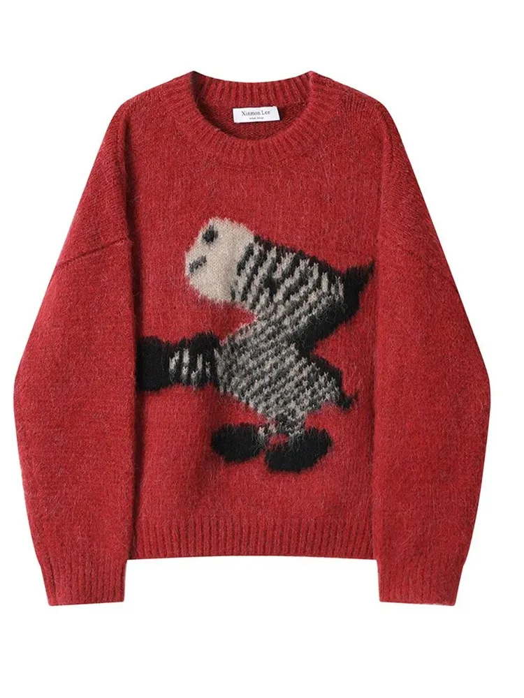 

Cute Cartoon Christmas Red Sweater Women Vintage Sweet O Neck Kawaii Knitted Jumper Casual Korean Long Sleeve Retro Pullover Top