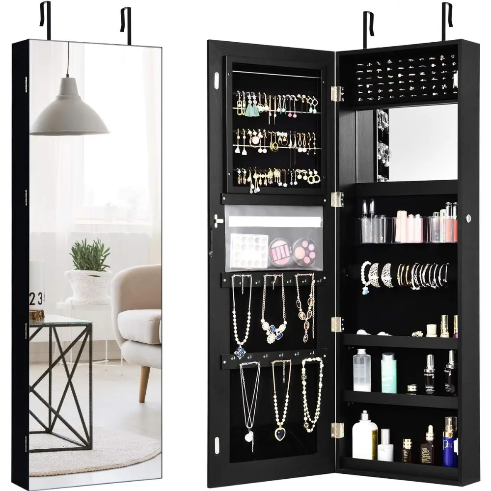 Jewelry Armoire Wall Door Mounted, Lockable Jewelry Cabinet with 47.2''H X 16''W Full Screen Mirror, Storage Jewelry Organizer