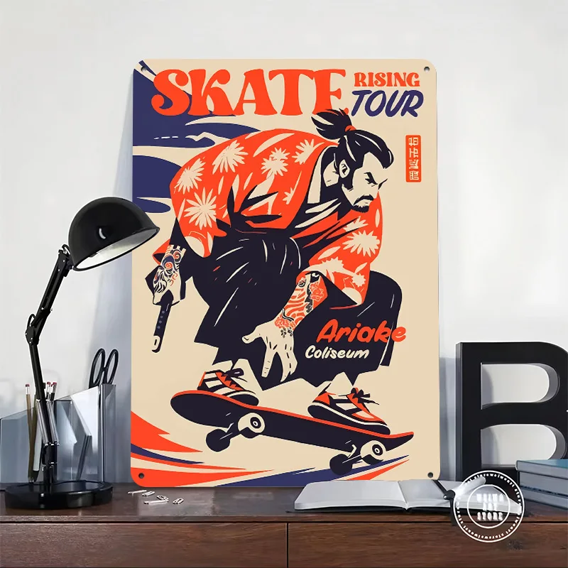 Skate Rising Tour: Samurai Skateboarder Poster Retro 3D Printed Metal Signs Customized Wall Hanging Gift for Home Decoration