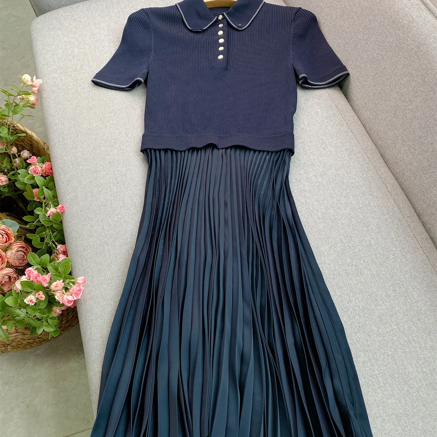 فستان نسائي محبوك أسود طية صدر السترة مرقع كاجوال بأكمام قصيرة للحفلات المسائية رداء ميدي