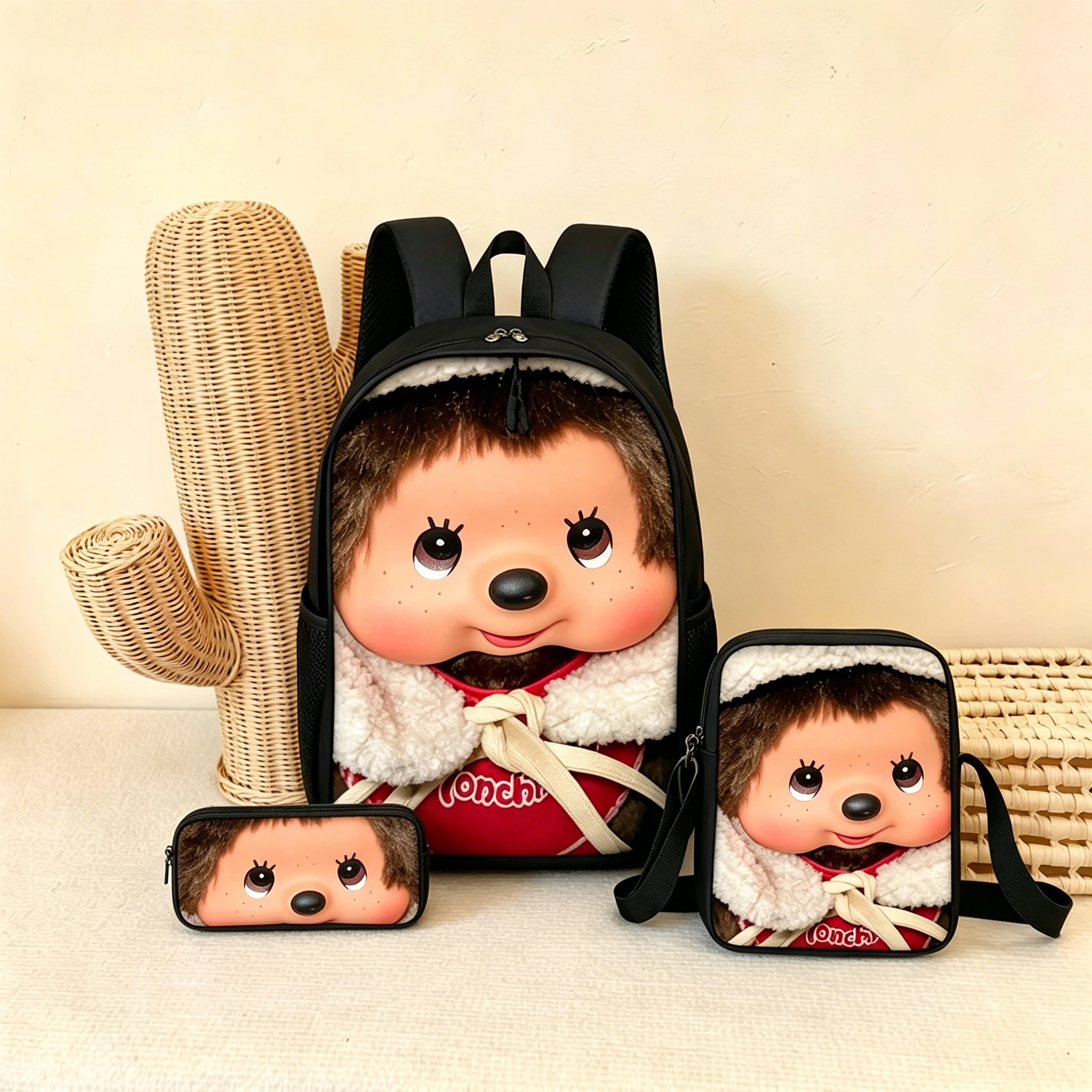 MONCHHICHI Backpack Lunch Pack Pen Case 3pcs Set Cartoon Student Schoolbag Fashion Pencil Bags School Stationery Birthday Gift