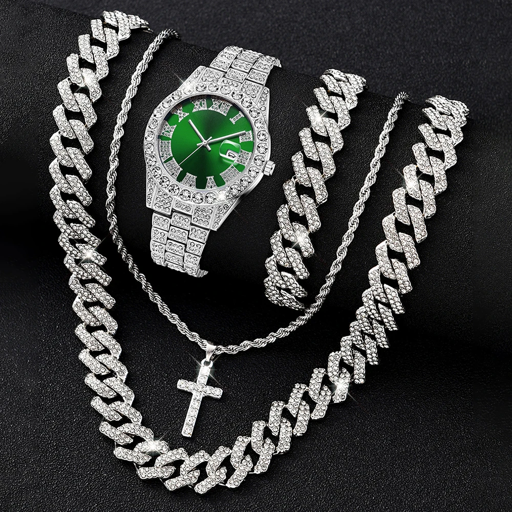 4pcs Men's Casual Quartz Watch Alloy Strap With Date Silver And Alloy Rhinestone Cuban Chain Bracelet Necklace And Alloy Cross P