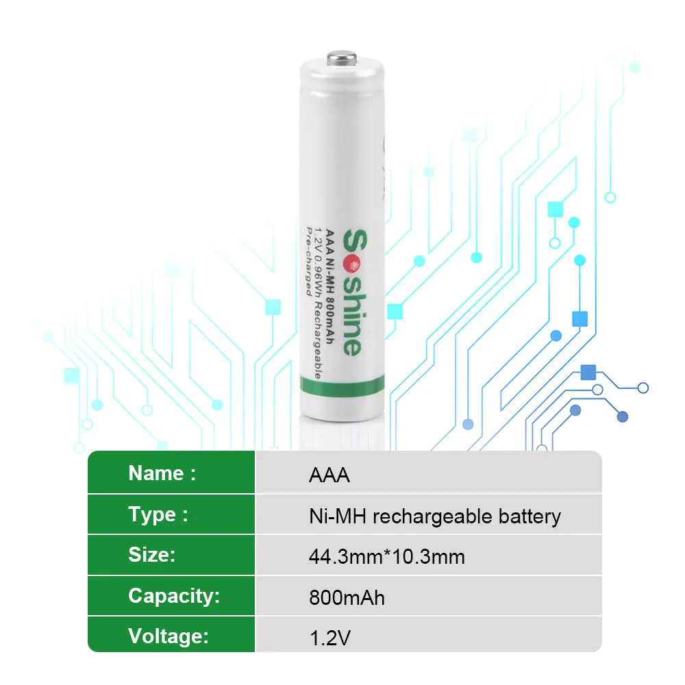 Soshine 1.2V 800mAh Ni-MH Rechargeable Batteries Supper Low Self Discharge Batteries AAA/Micro 800mAh Battery 1000 Recycle Times