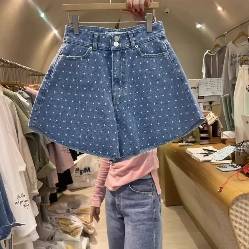 

Новинка весны 2024, милые джинсовые шорты в горошек с высокой талией и грубыми краями, женские широкие брюки, джинсы