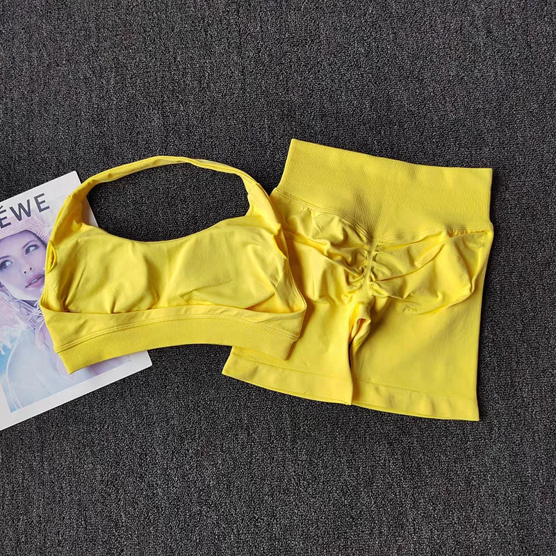 2 Pieces Yoga Suit for Women Seamless Fitness Gym Clothes Halter Sports Bra Matching Impact Shorts Workout Sets Gym Outfit - Image 6