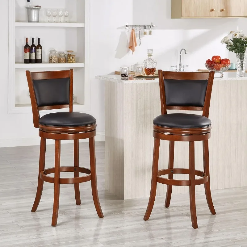 

Swivel Pub Height Barstool 29 Inch Seat Height Cherry Bar Stool,Upholstered Vanity Chair with High Curved Back and Wood Legs