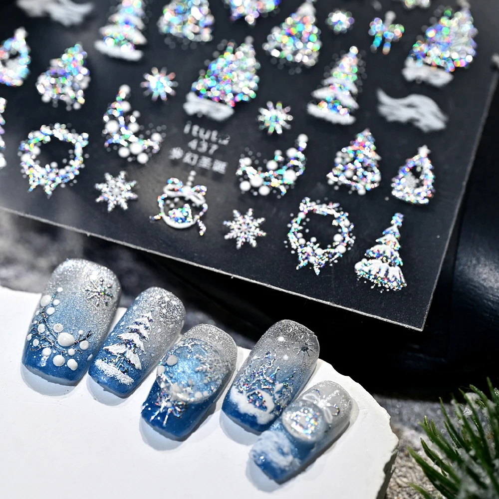 1Pc 5D Laser Silber Weihnachten Baum Schneeflocken Nagel Aufkleber Weihnachten Kranz Kristall Ball Klebstoff Nagel Abziehbilder Winter DIY nägel Versorgung