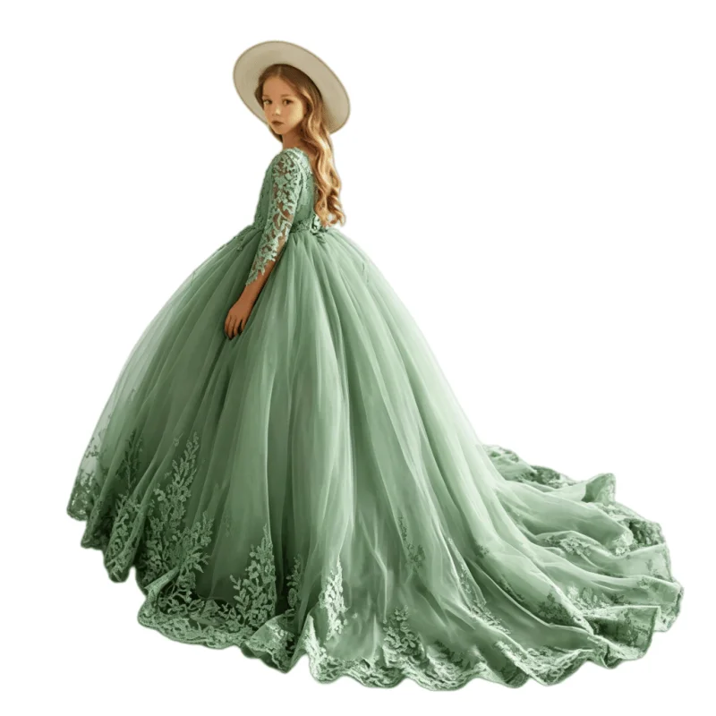 Custom Lace Flower Girl Dress Floral Embroidery Sheer Sleeve Multi-Layer Tulle Floor Length for Birthday Photoshoot