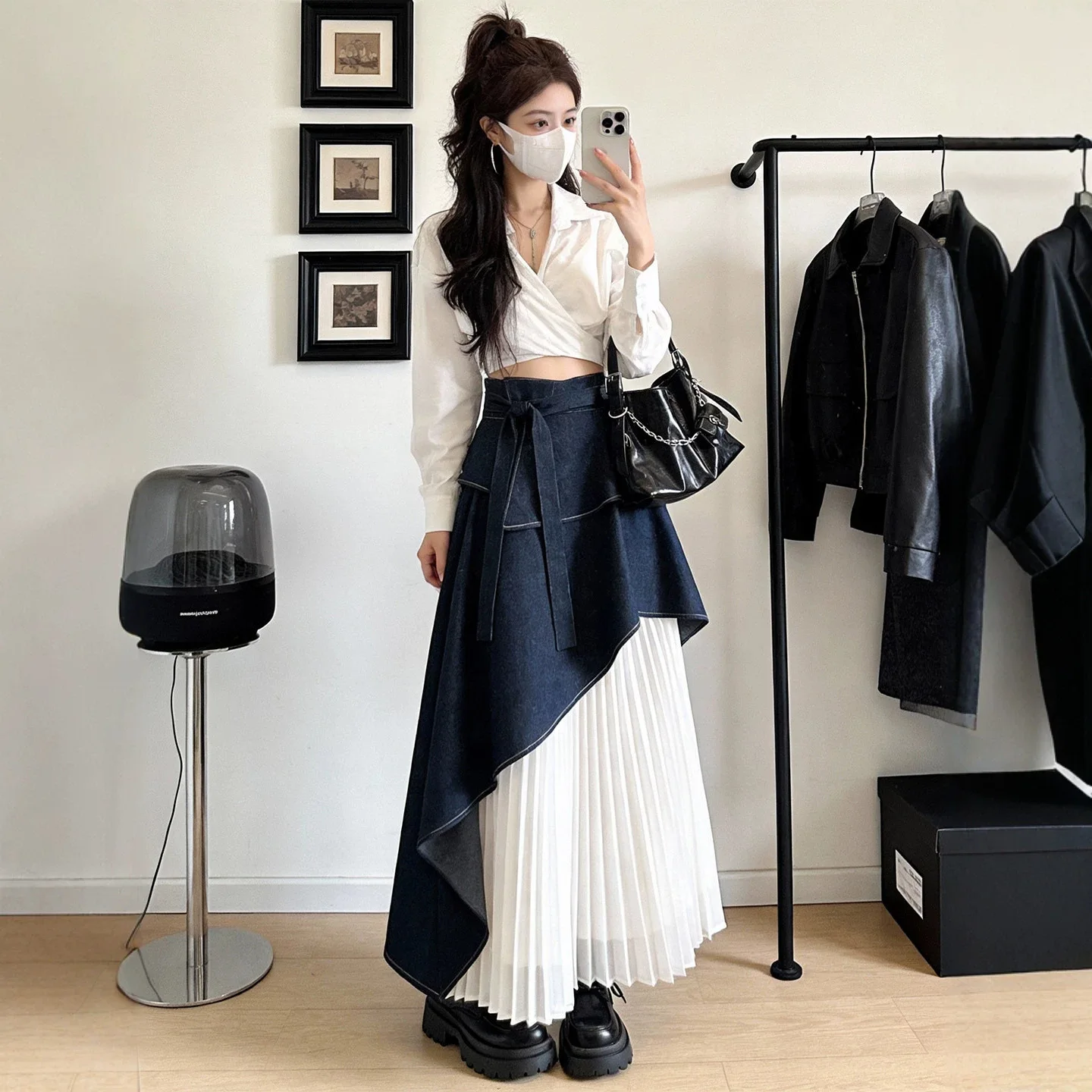 Harajuku Two-tier Asymmetrical Denim Pleated Midi Skirt High Waist Belted A-line Skirt Women Irregular Chic Streetwear Trendy