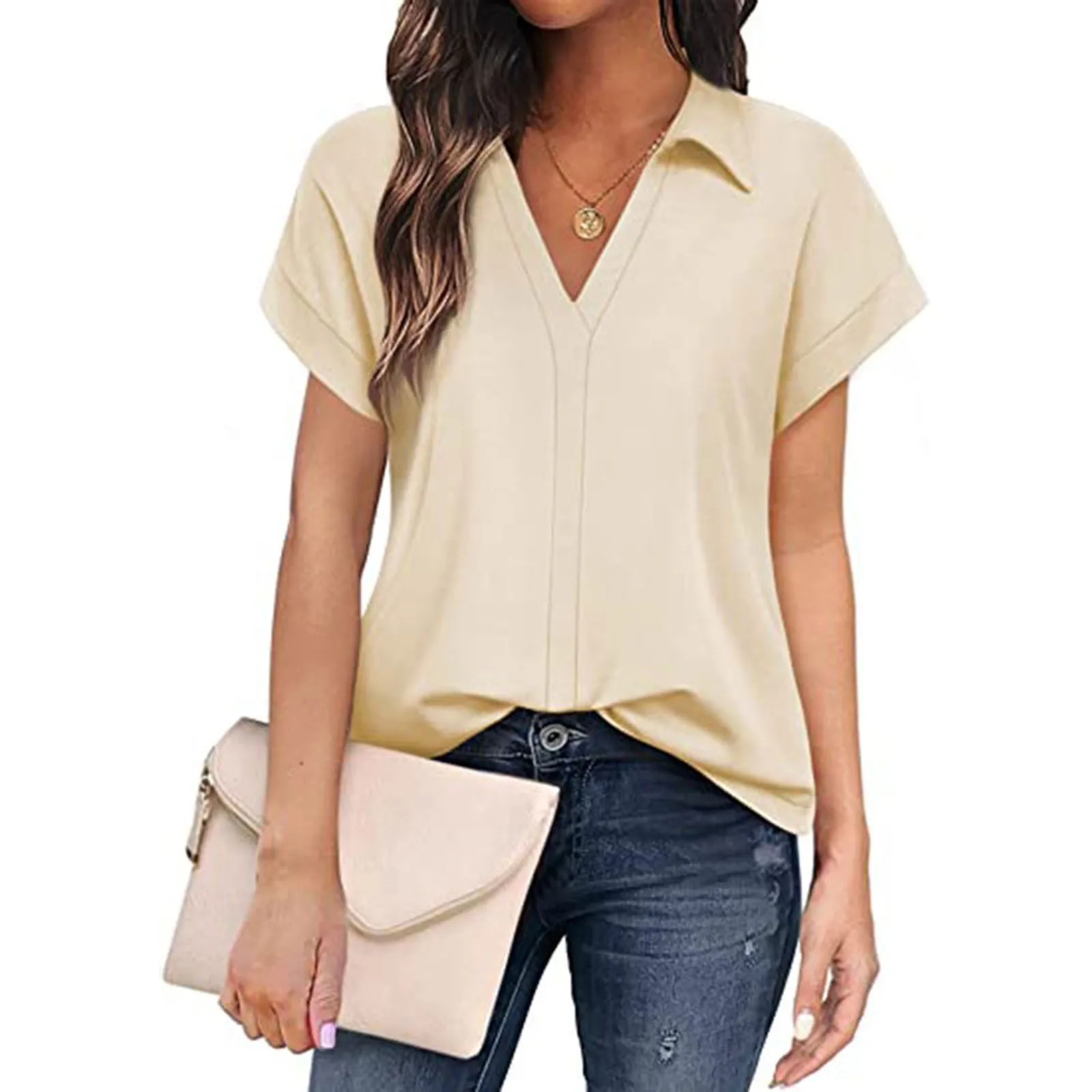 Elegant Shirt For Women Solid Colour V Neck Business Commuter Shirt Top 2024 Summer Fashion Lapel Short Sleeve Blouse Shirt