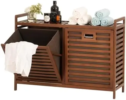 

Bamboo Out Laundry Hamper with Shelves, Hidden Laundry Hampers with 2 Removable Bags, Pull Out Laundry Hamper Cabinet