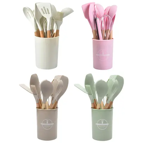 12-delars köksredskapsset silikonspatelset trähandtag värmebeständigt köksredskap spatel sked borste visp för hemkök 10 best sales träskedsset - №3