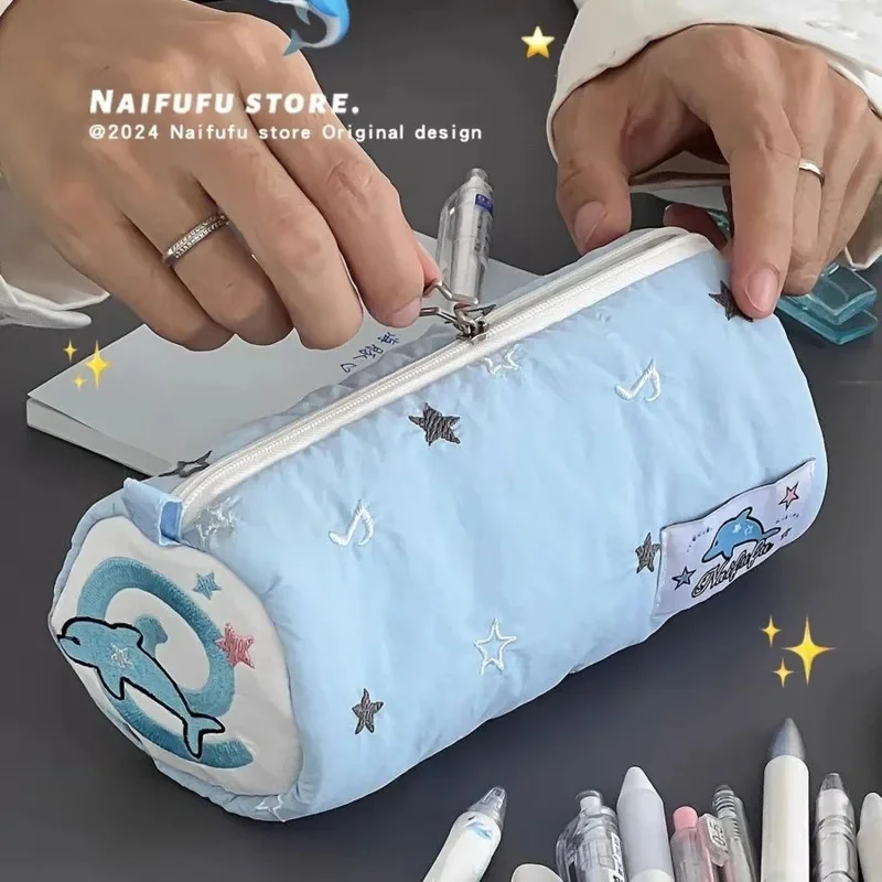 Blue Star Dolphin Pen Bag Embroidery Sitting Mountain Guest Cute Stationery Student Storage Bag Portable Large Capacity Bag New