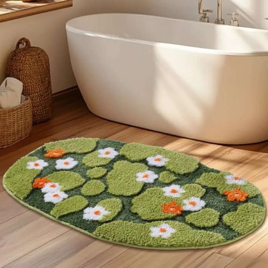 

Green Floral Long Moss Bathroom Runner Rug Bath Mat Ultra Thick Soft 3D Aesthetic Decor Cute Tufted Bath Rugs Non Slip Absorben