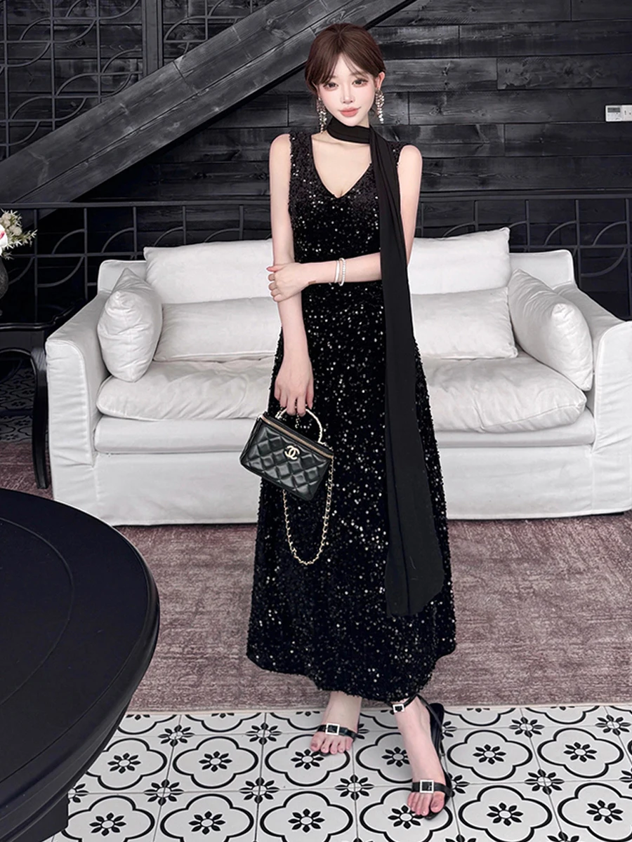 

Элегантное блестящее длинное платье Ele Luxury для торжественных мероприятий, сексуальное, для светских выходов, на бретельках, женское, модное, весна-осень