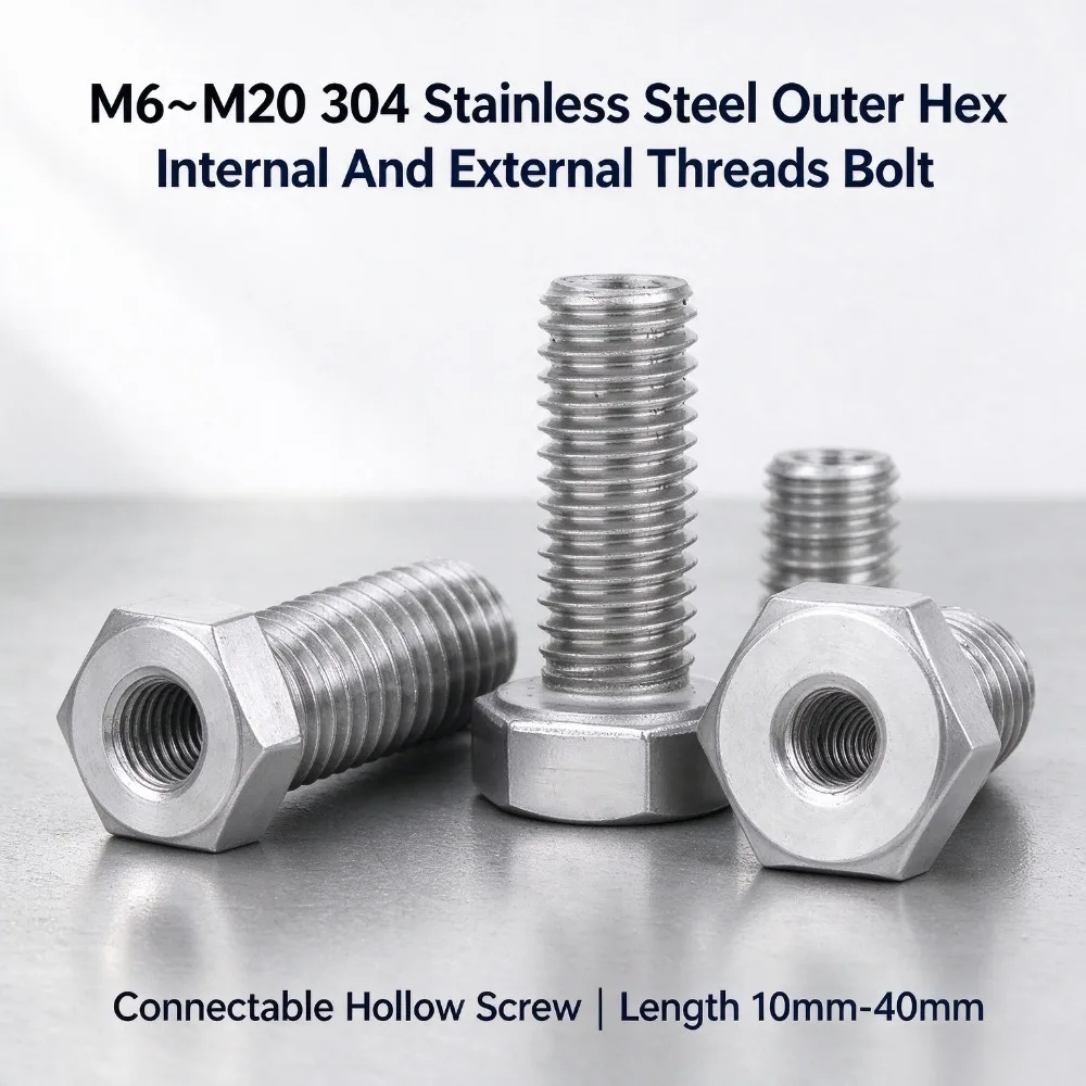 304 Stainless Steel Hollow Helical Nut Screw, M6~M20 Outer Hex Connectable Bolt with Internal & External Threads, 10-40mm