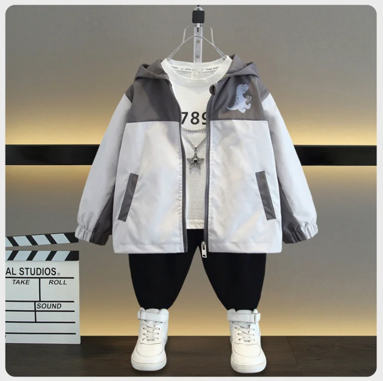 New Spring Autumn Boys Coat Cartoon Dinosaur Pattern Hooded Sport Jacket For 2-12 Years Old Kids Children Birthday Present