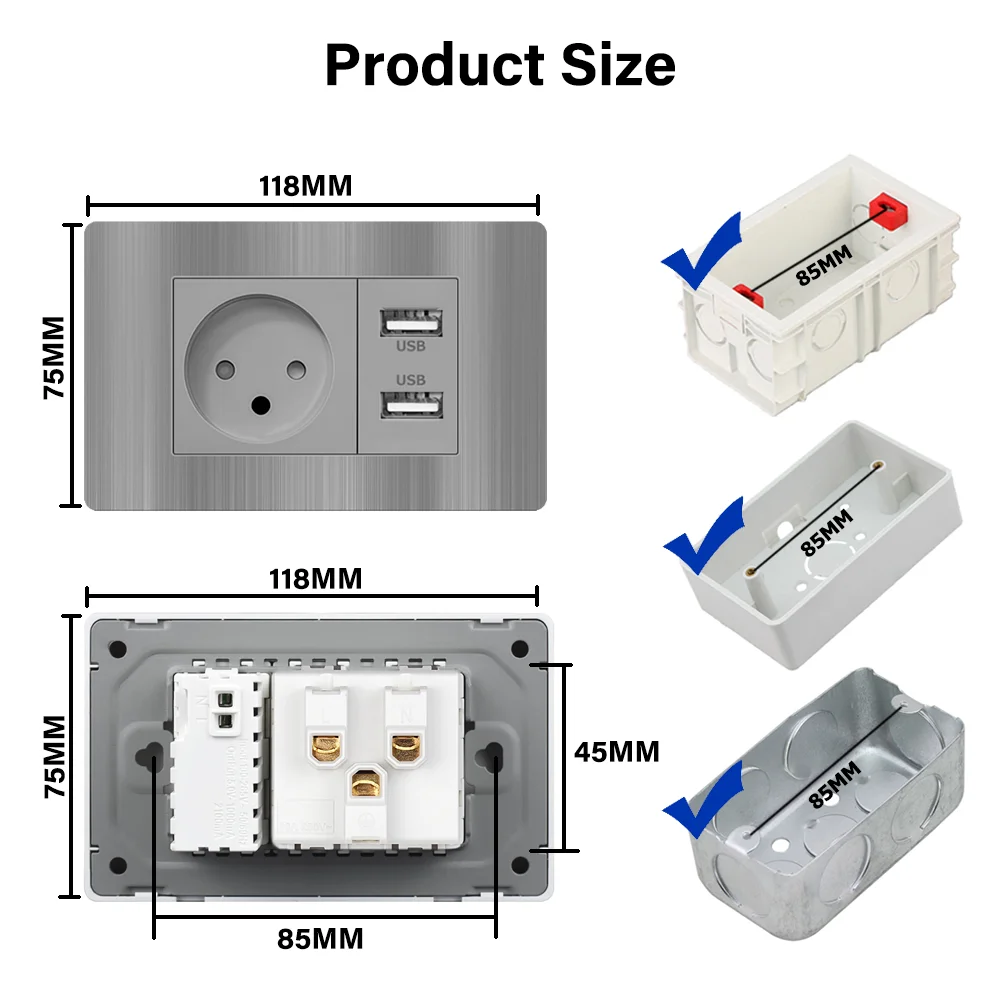 EIOMR Israel USB Type C Fast Charging Wall Socket, 118*75mm PC Brushed Grey Panel, TV Tel Doorbell Mechanical Wall Light Switch view 6