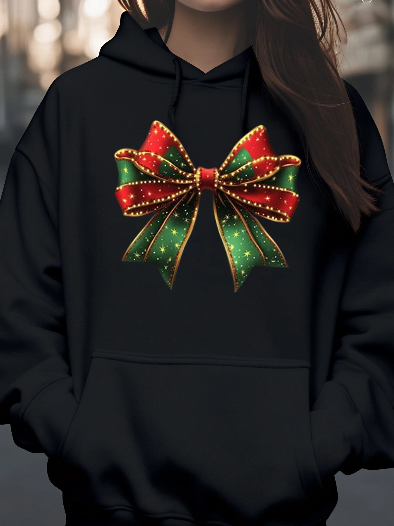 

Christmas Bow Print Hoodie Holiday Wear Women's Casual Outfit