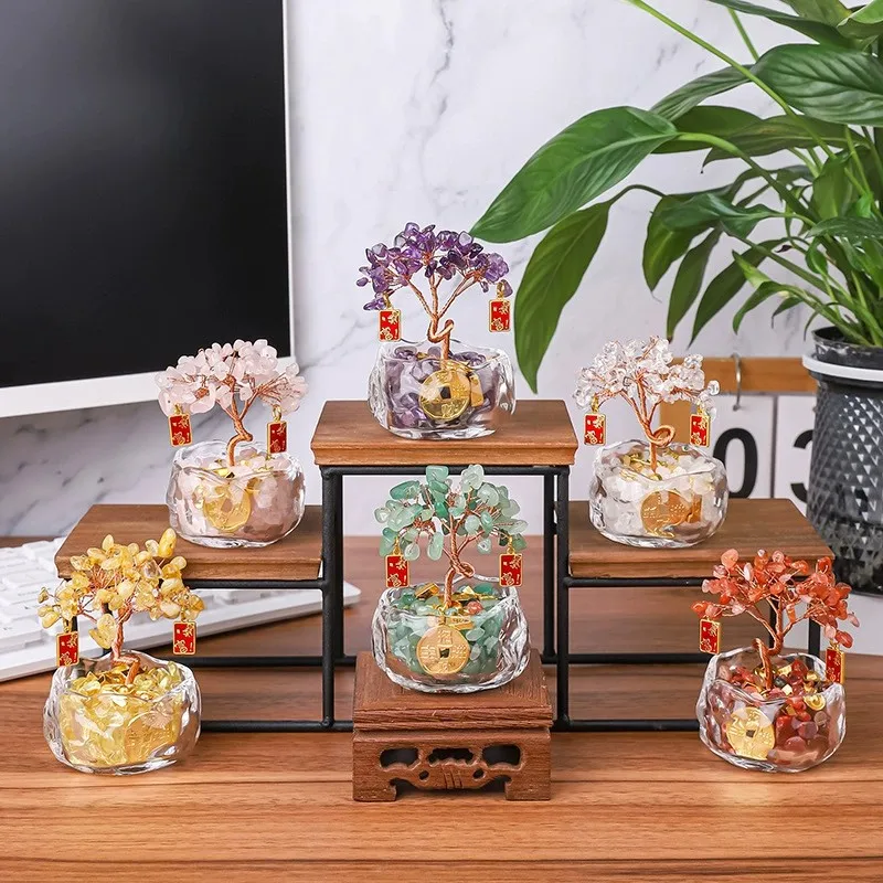 Colorful Natural Crystal Money Tree Pebble Base Treasure Basin For Home Decoration Multi-Functional Office Ornament Luck Gifts