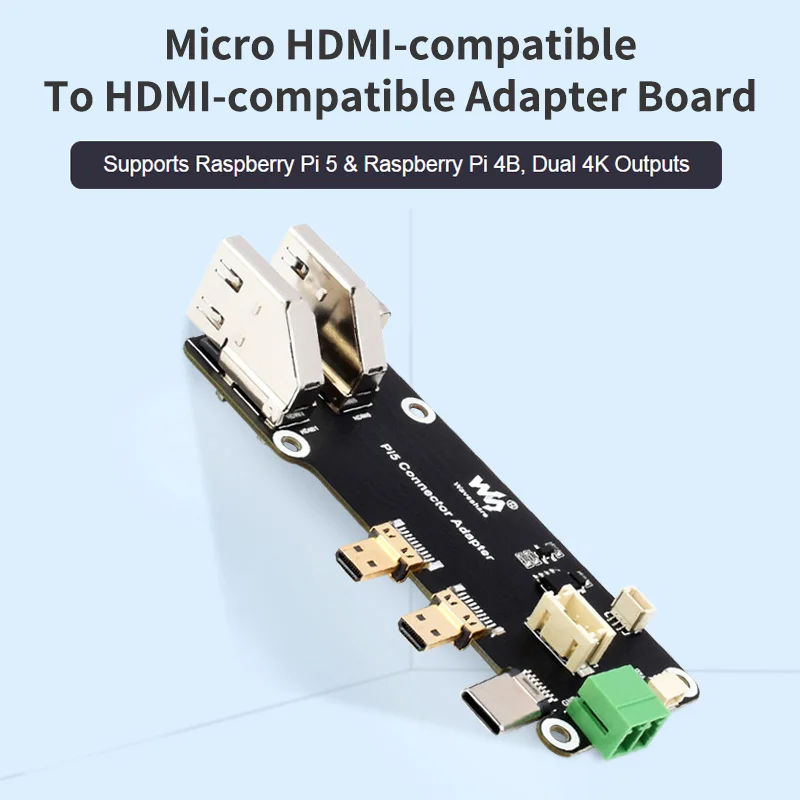 Micro HDMI-compatible to HDMI-compatible Adapter Two Power Supply Methods Supports Dual 4K Outputs for Raspberry Pi 5 4B