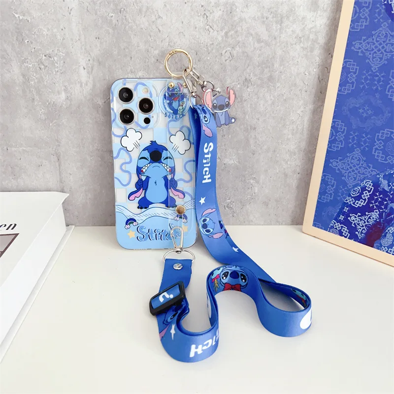 Cute Cartoon Stitch Couple Phone Case With Clear Strap Lanyard For iPhone 16 15 14 13 12 mini 11 Pro Max Plus Shockproof Cover