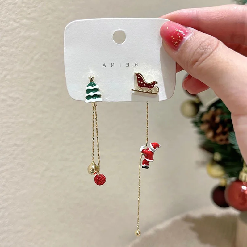 Hot Sale Moving Santa Claus Asymmetric Long Hanging Earrings Women's Christmas Tree Sled Tassel Pendant Earring New Year Jewelry