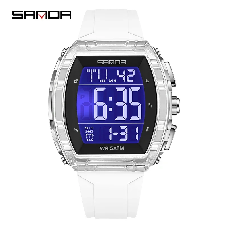 SANDA SD6286 موضة الساعات الإلكترونية التقويم مضيئة للصدمات مقاوم للماء سيليكون حزام الرجال النساء الرياضة ساعة رقمية