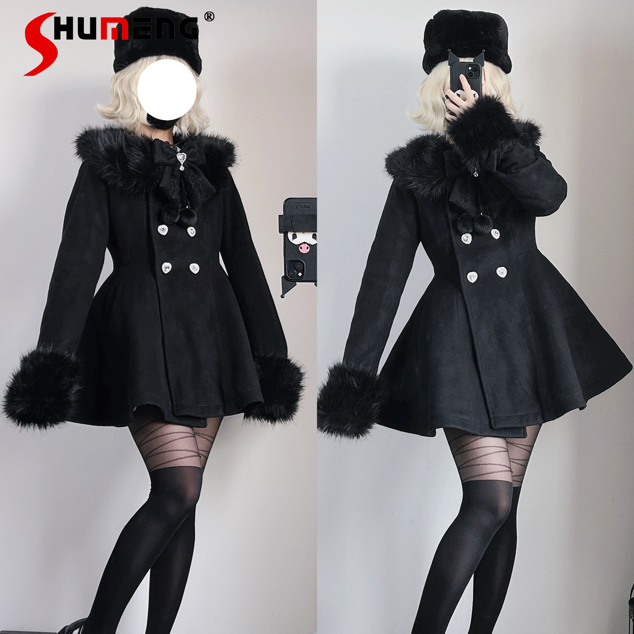 Japanese Mine Style Mass Produce Fur Collar Bow Love Buckle Double-breasted High Waist Short Woolen Coats Women Winter Jackets