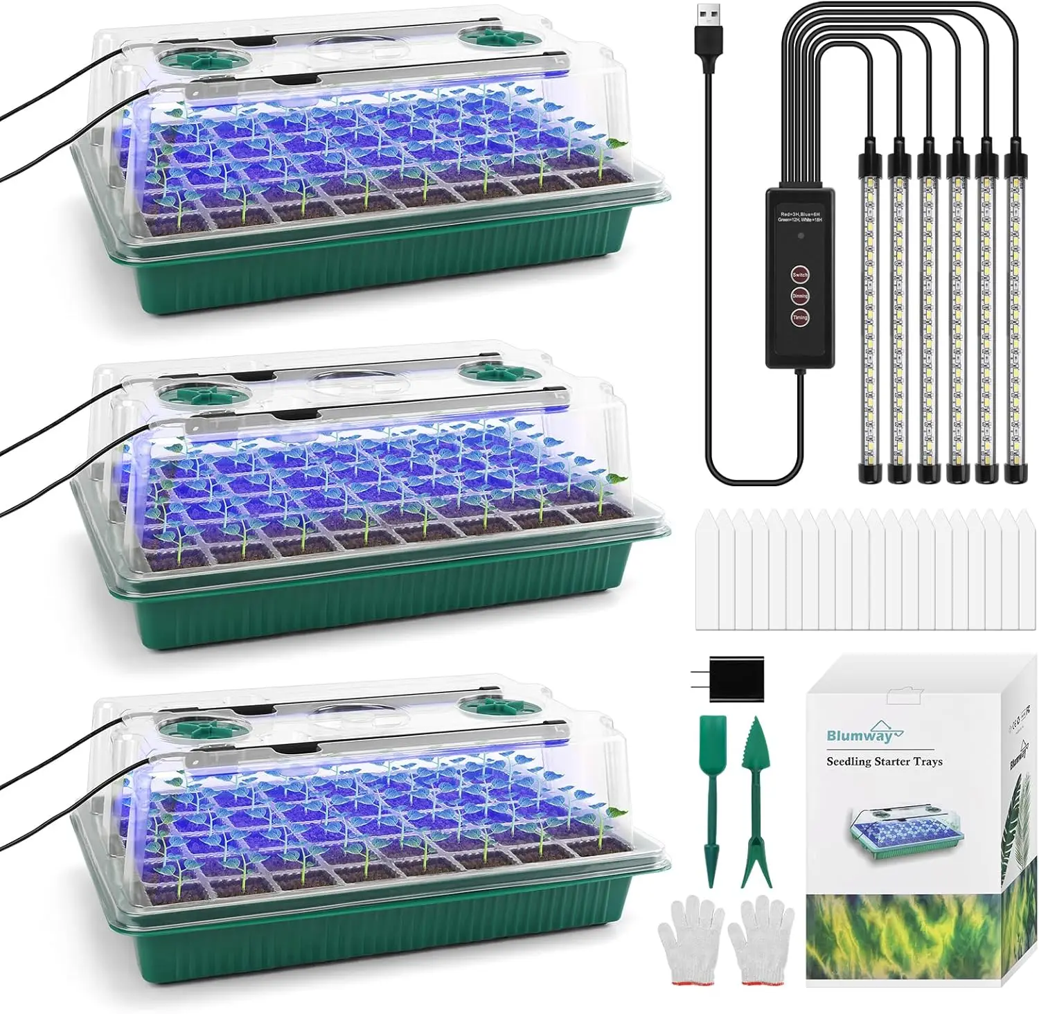 

3-Pack Seed Starter Tray with Adjustable Grow Light & Humidity Dome, Indoor Plant Kit for Deep-Rooted Seedlings
