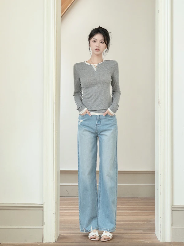 

Джинсы прямого кроя с высокой талией, свободного покроя, светло-голубого цвета, с эффектом похудения, модные повседневные женские джинсовые брюки для весеннего сезона