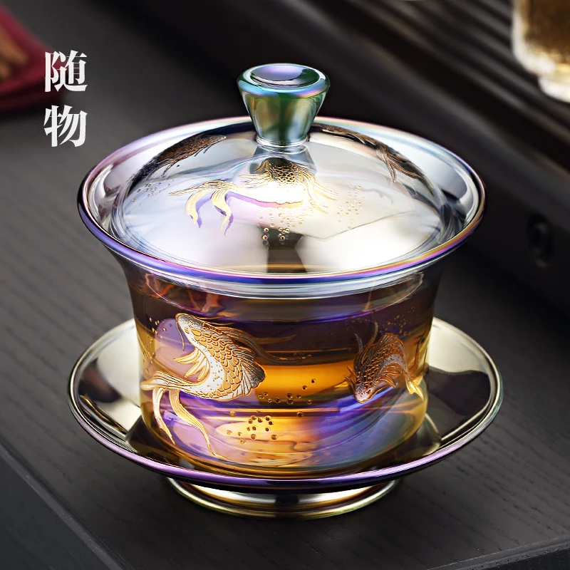 Beicai Burnt Glass Transparent Cover Single Kung Fu Three Talents Bowl, Tea Cup Set, Non Hot Large