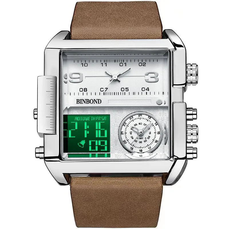 

Square Military Multifunction Men Watch, Dual Time Analog Digital Waterproof Wrist Watch with Silicone Leather Strap