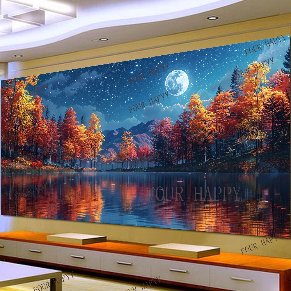 5D DIY Large Diamond Painting Cross Moon Tree Lake Reflection Landscape Wall Art, Full Round Drill, Embroidery Home Decor